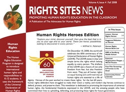 [ai] A newsletter titled 'Rights Sites News' promoting human rights education. The issue features 'Human Rights Heroes Edition' and highlights the 60th anniversary of the Universal Declaration of Human Rights with related content and resources.